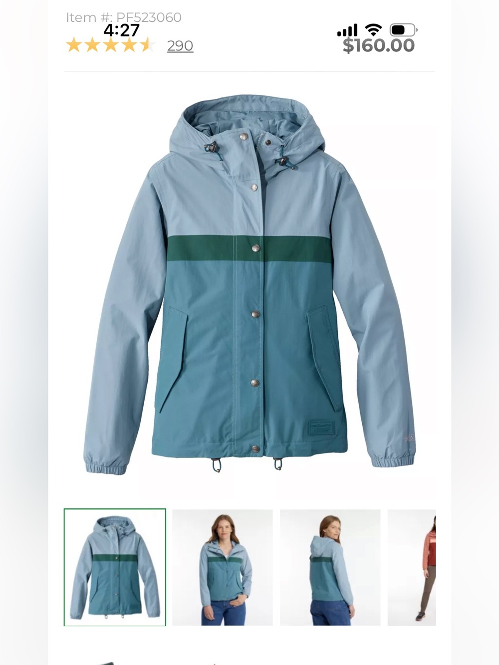 L.L. Bean Light Blue and Teal Hooded Colorblock Jacket with Dark Green Stripe